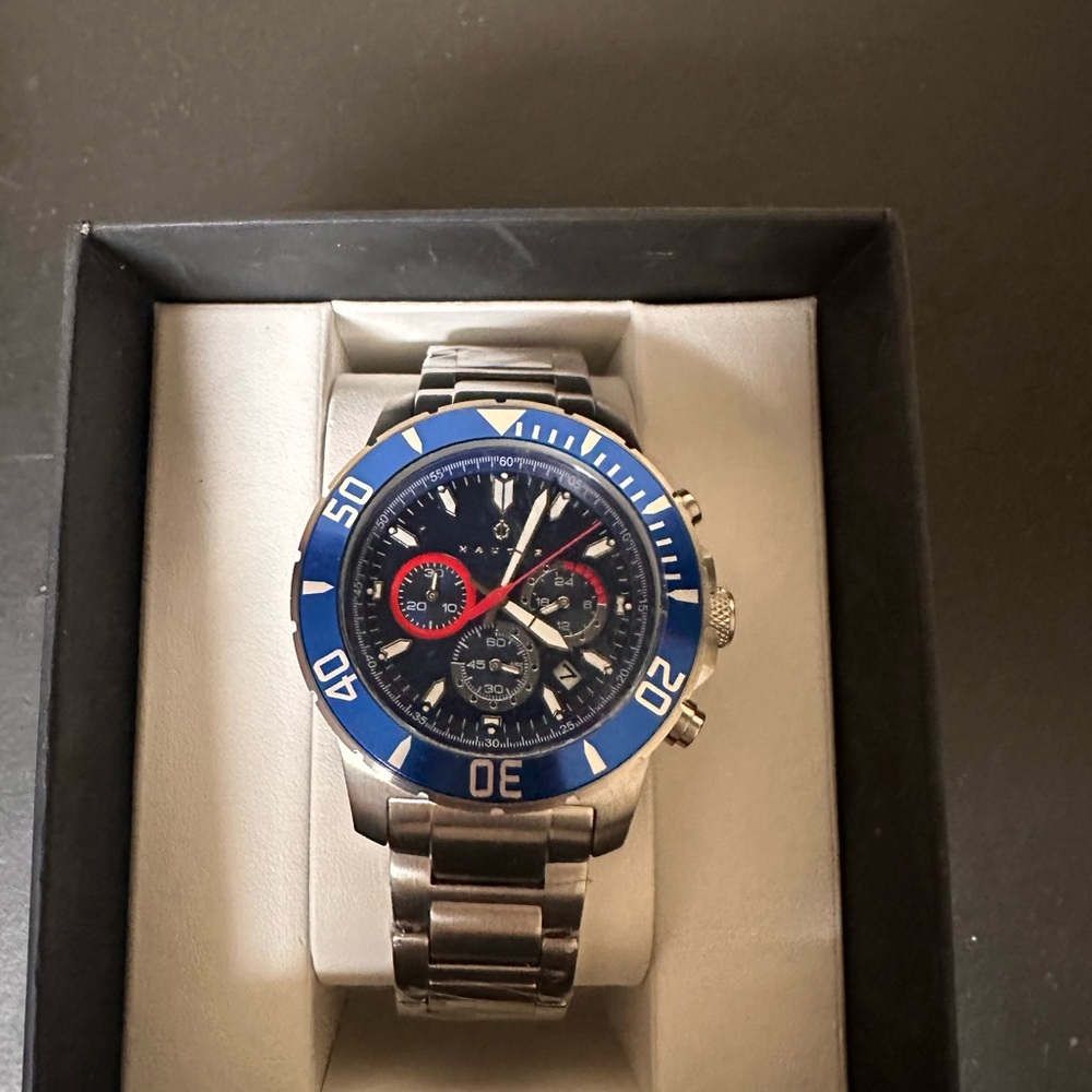Men's Stainless Steel Chronograph Watch with Blue Bezel and Black Dial